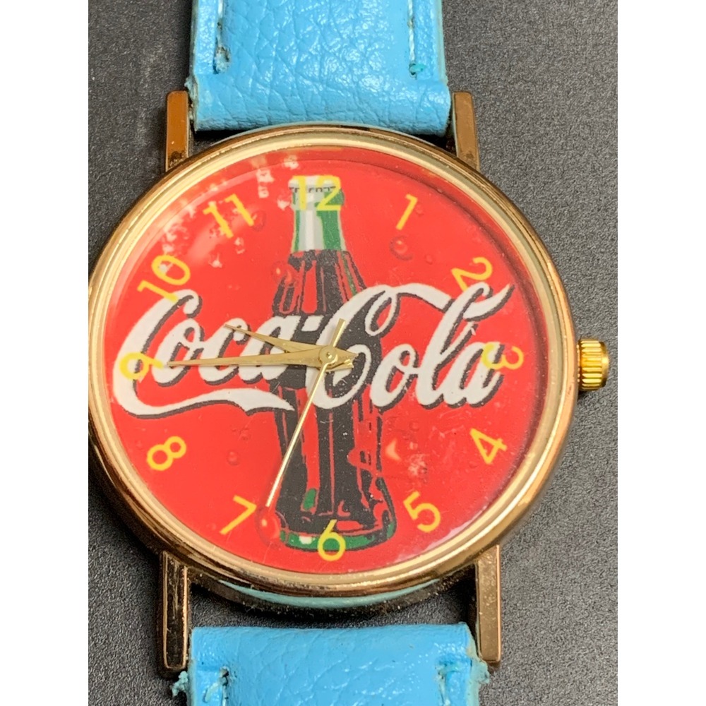 Vintage Coca-Cola Watch Gold Tone Case Blue‎ Leather Strap Red Bottle Dial Retro